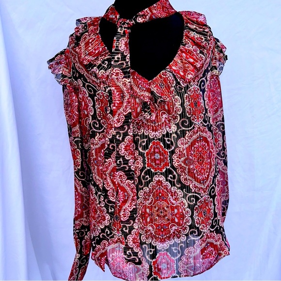 Kate Spade Medallion Metallic Silk Blouse Size Small S SHEER Lightweight Ruffle - Picture 1 of 10